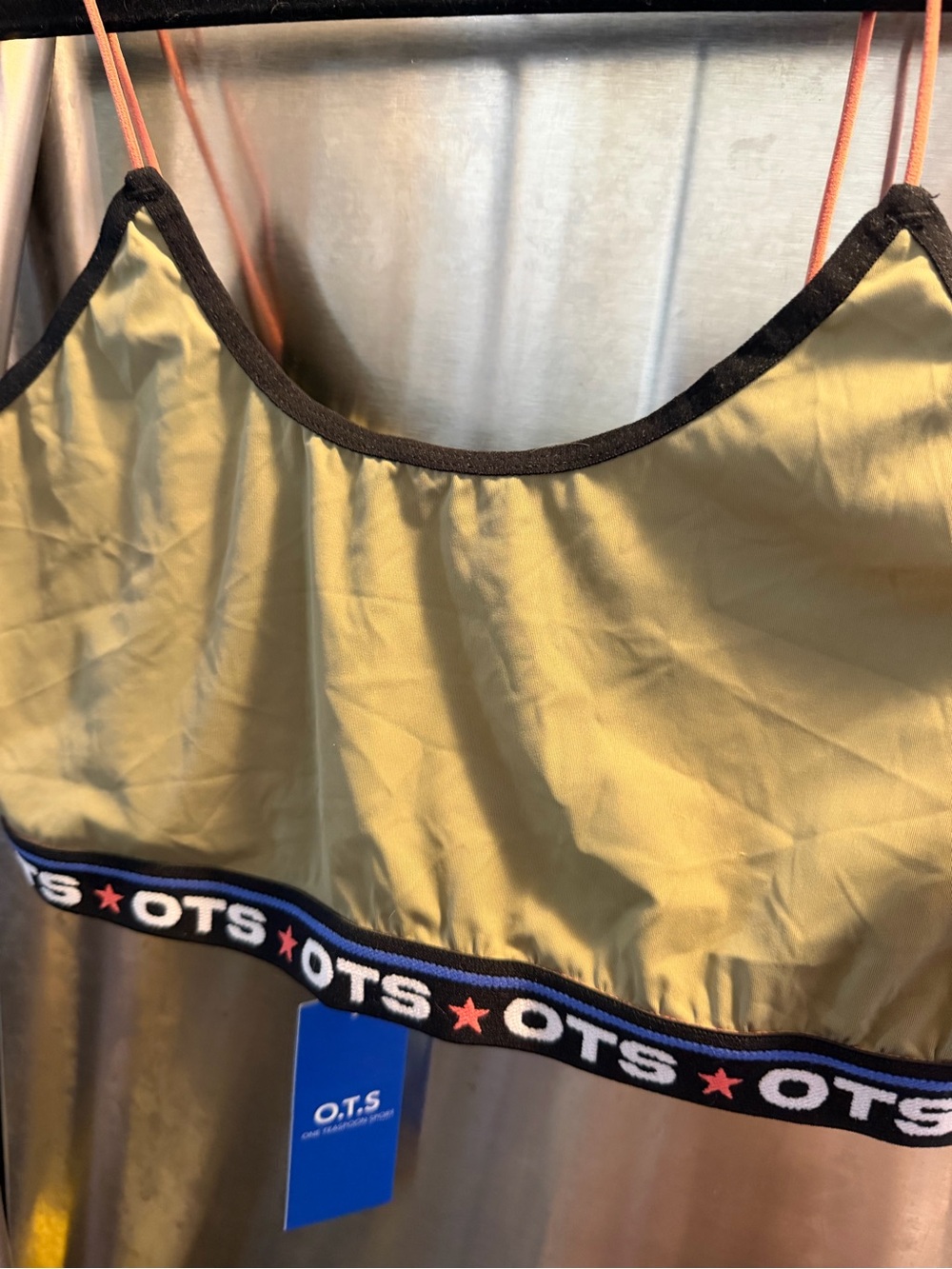 One Teaspoon Olive Green Crop top with Black Trim and Orange Straps